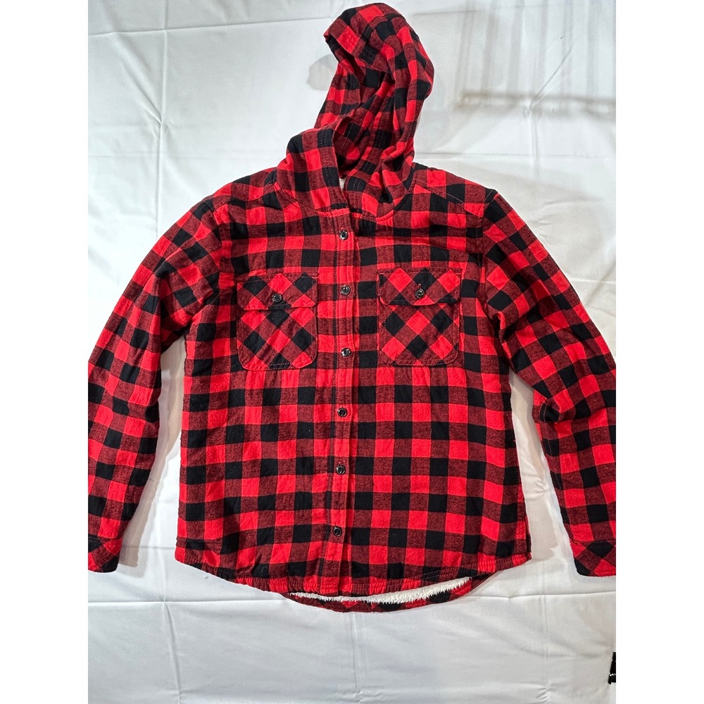Boston Traders Mens Red Black Buffalo Plaid Sherpa Lined Hooded Flannel Jacket S